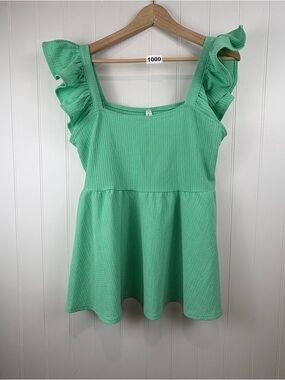 French Twist Ruffle Strap Babydoll Top Green Textured Flowy L